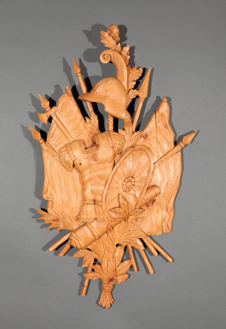 British Carved Wood Military Trophée: British Carved Wood Military Trophée, 19th/20th c., with armor, shield, cannon and spears, retains traces of paint, h. 37 in