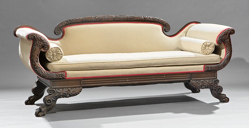 American Late Classical Carved Mahogany Sofa: American Late Classical Carved Mahogany Sofa, 19th c., acanthus arched crest rail, cornucopia scrolled arms, molded seat rail, acanthine hairy paw feet, h. 35 in., w. 84 in., d. 30 1/2 in