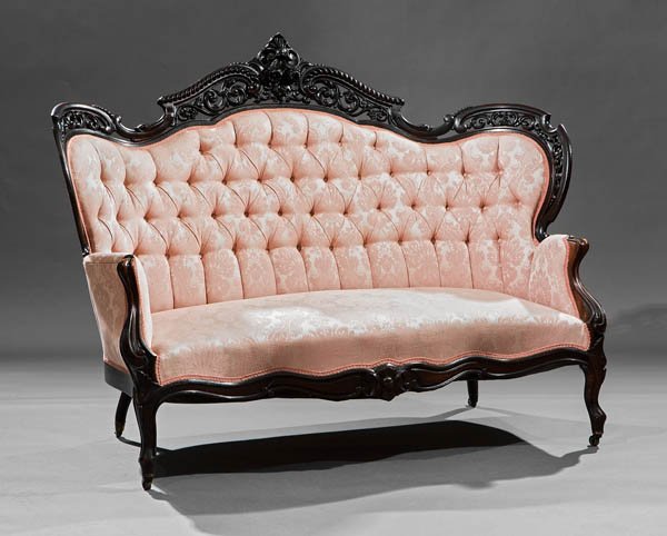 Rosewood Parlor Suite, attr. Meeks: American Rococo Carved and Laminated Rosewood Parlor Suite, mid-19th c., attr. to J. and J. W. Meeks, New York, pattern known as "Stanton Hall", incl. sofa, armchair and 2 side chairs, each with gadro