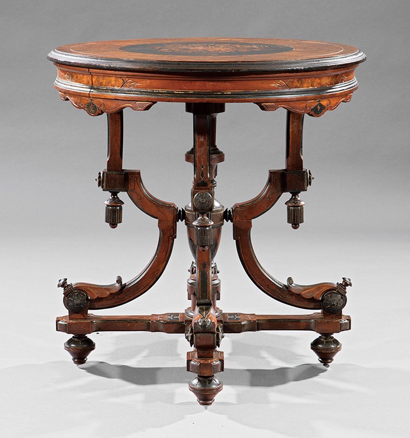 Walnut, Incised, Inlaid, Ebonized Parlor Table: American Renaissance Burled Walnut, Incised, Inlaid and Ebonized Parlor Table, mid-19th c., attr. to Berkey and Gay, Grand Rapids, MI, top with musical trophee reserve, banded edge, vasiform support,