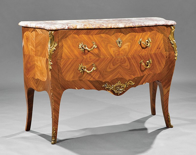 Inlaid Bronze-Mounted Kingwood Bombe Commode: Louis XV-Style Inlaid Bronze-Mounted Kingwood Bombe Commode, breche de alep serpentine marble top, 2 drawers, shaped skirt, cabriole legs, h. 33 in., w. 47 1/2 in., d. 19 1/2 in. Provenance: The Gotli