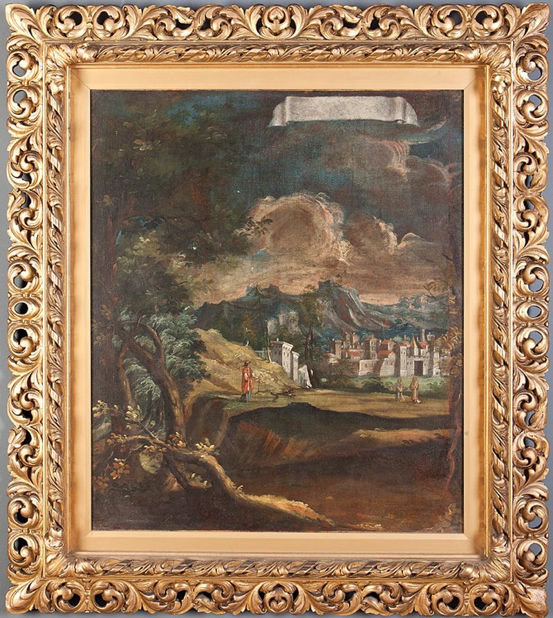 Continental School, late 17th/early 18th c: Continental School, late 17th/early 18th c., "A Traveler Meeting Two Figures before a Town", depicting an effaced banner upper right, oil on canvas, unsigned, 31 in. x 27 1/4 in., framed