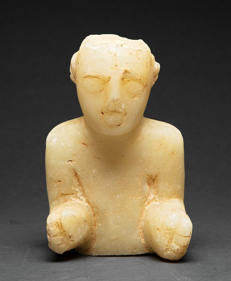 South Arabian-Style Alabaster Fragment & Jar: South Arabian-Style Alabaster Figural Fragment and Jar, fragment h. 7 1/4 in.; globular jar with mask handles, h. 4 5/8 in