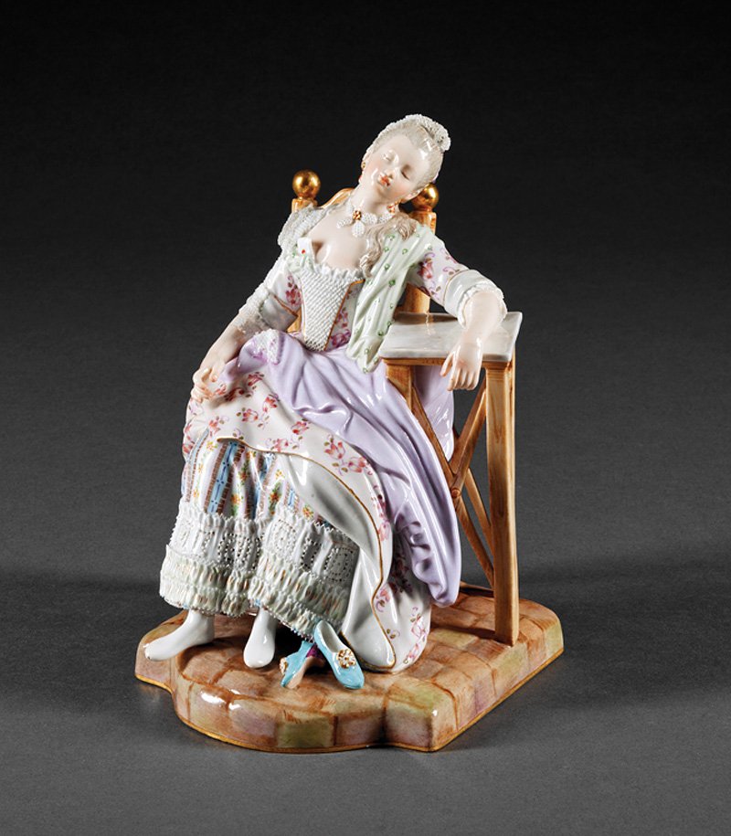 Meissen Porcelain Figurine: Meissen Porcelain Figurine, 19th/20th c., crossed swords marks, with love letter in her bodice, h. 7 1/2 in., w. 4 3/4 in., d. 5 in