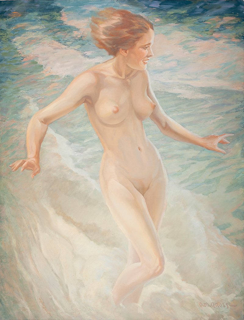 Oskar M. Gross (Austrian/American, 1871-1963): Oskar M. Gross (Austrian/American, 1871-1963), "Bathing Girl" and "Girl with Blue Bird", 2 oils on canvas affixed to boards, former signed lower right and titled en verso, latter signed lower left, si