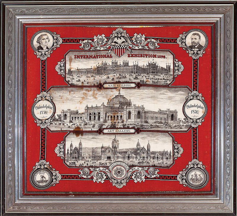 Three American Commemorative Textiles: Three American Commemorative Textiles, 19th c., incl. ribbon for the 400th anniversary of the discovery of America, 1892; Franklin ribbon, dated Sept. 17, 1856; and cotton scarf, with buildings from t