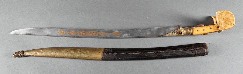 Turkish Ottoman Yataghan Sword: Turkish Ottoman Yataghan Sword, c. 1850, bone handle inlaid with coral and semi-precious stones, blade with gold inlay, with scabbard, length 30 in