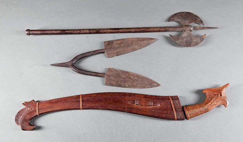 Three Continental Weapons: Three Continental Weapons, incl. Persian sword, wood handle and scabbard; halberd; and double-edged blade, halberd l. 24 1/2 in