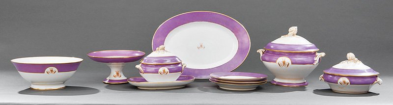 Paris Porcelain Partial Dinner Service: Paris Porcelain Partial Dinner Service, 19th c., several pieces stamped "Jh Klotz & Cie/Paris", lavender and gilt borders, "M" monograms, incl. 30 dinner plates; 10 luncheon plates; 9 soup plates; 2 c