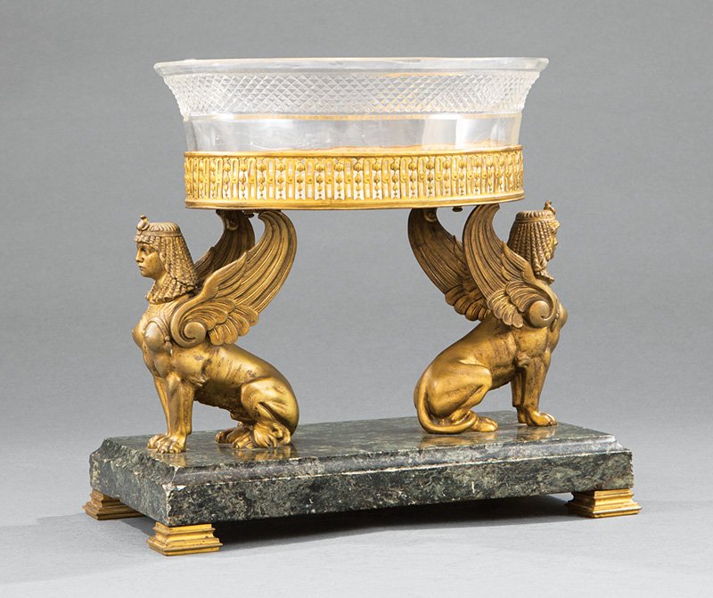 French Empire-Style Figural Tazza: French Empire-Style Cut Glass and Gilt Bronze Figural Tazza, 19th c., green marble base, height 10 1/2 in