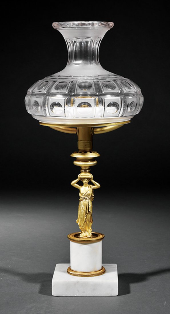 Sinumbra Lamp, "Manufactured by/W. Carleton/Boston": Antique Diminutive Gilt Bronze and Brass Figural Sinumbra Lamp, c. 1850, marked "Manufactured by/W. Carleton/Boston", Classical female figure on a bronze-mounted marble base, cut-glass shade with geom