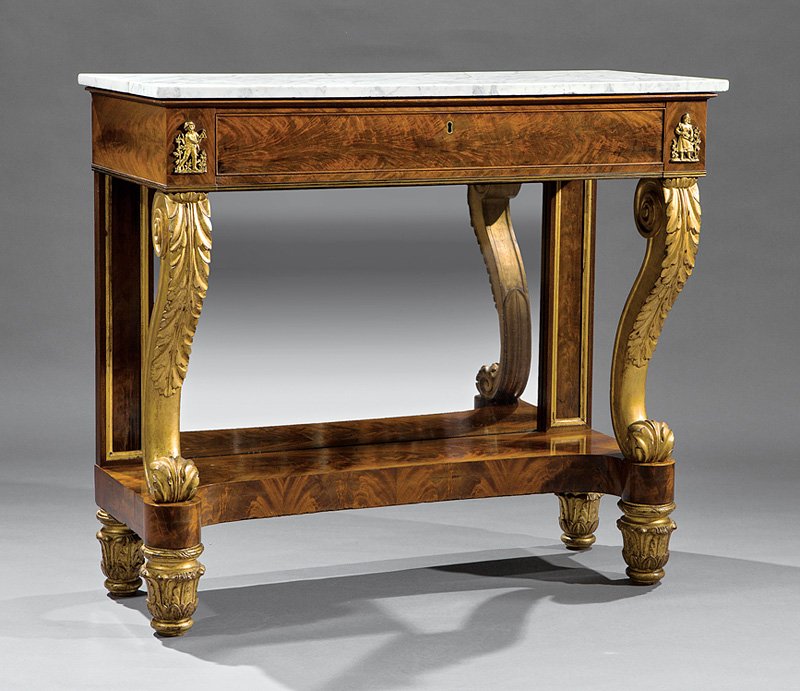 Pier Table, school of Duncan Phyfe: American Classical Ormolu-Mounted, Carved Giltwood, Mahogany, Rosewood and Brass Inlaid Pier Table, c. 1815-1820, New York, school of Duncan Phyfe, marble top, blind frieze drawer, acanthus carved scr