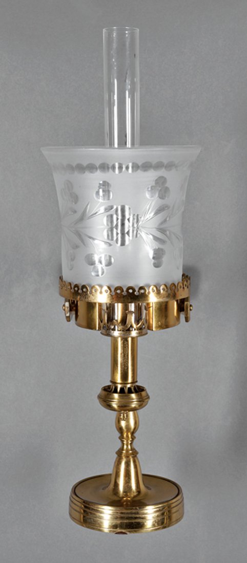 Ship's Argand Lamp, "Miller & Sons/179 Piccadilly": Rare English Brass Ship's Argand Lamp, 19th c., marked "Miller & Sons/179 Piccadilly", gimballed wall-mount, weighted base, removable for desk use, flared floral shade, h. 16 in., w. 6 1/4 in., d. 13