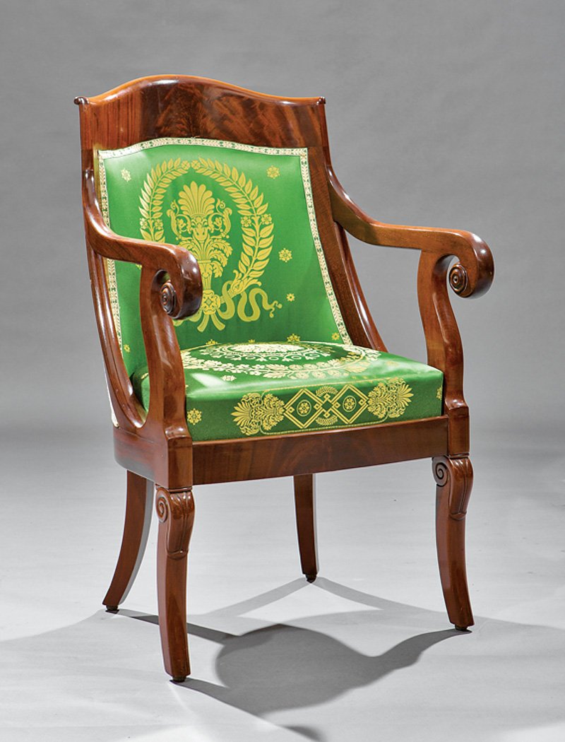 Armchair, possibly the workshop of Duncan Phyfe: American Classical Carved Mahogany Gondola Armchair, early 19th c., New York, possibly the workshop of Duncan Phyfe, arched crest, shaped stiles, scrolled arms, lappet carved saber legs. Provenance: M