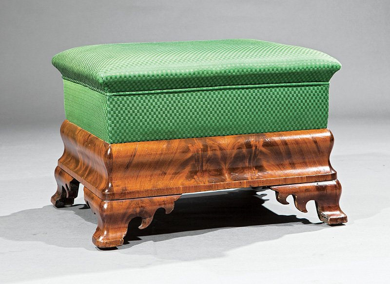 American Classical Mahogany Stool: American Classical Mahogany Stool, early 19th c., New York, boxed upholstery, ogee frame, ogee bracket feet, h. 14 in., w. 21 1/2 in., d. 18 in. Provenance: Didier, Inc., New Orleans