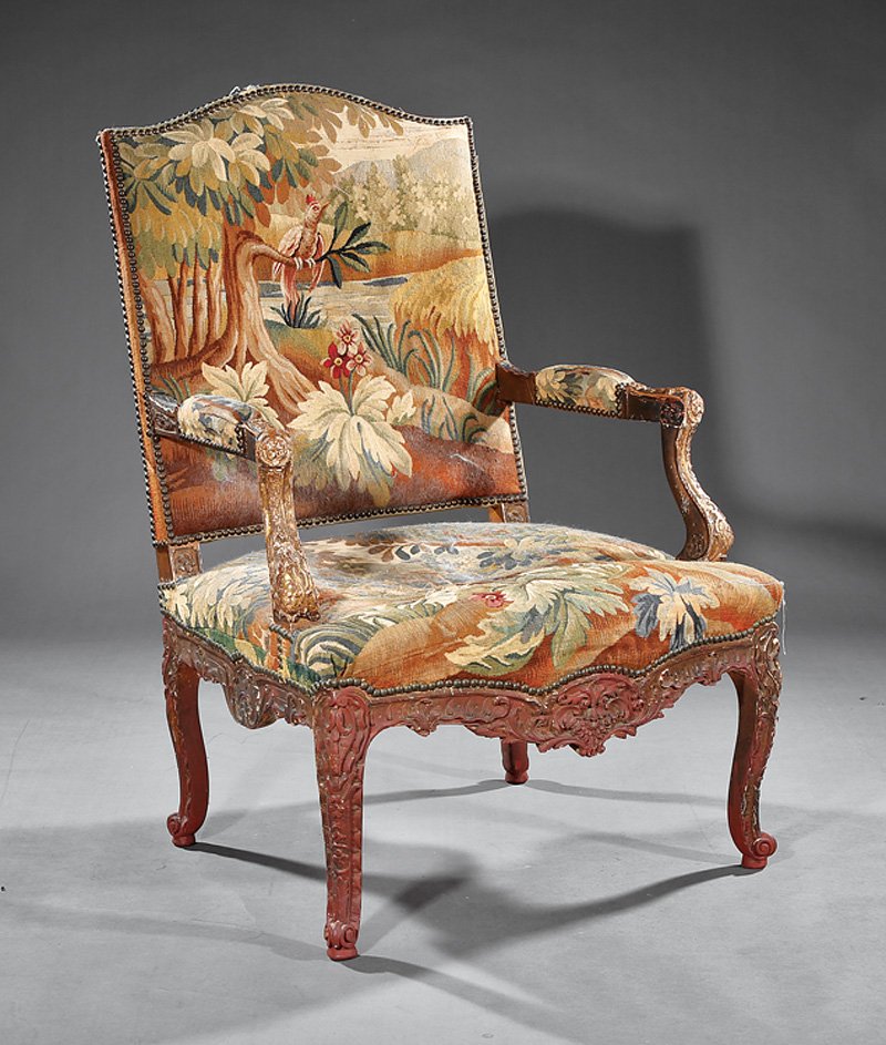 Regence-Style Carved and Gilded Fauteuil: Regence-Style Carved and Gilded Fauteuil, 19th c., padded back, arms and seat, serpentine seat rail centered by a foliate cartouche, cabriole legs, scroll toes, Aubusson upholstery