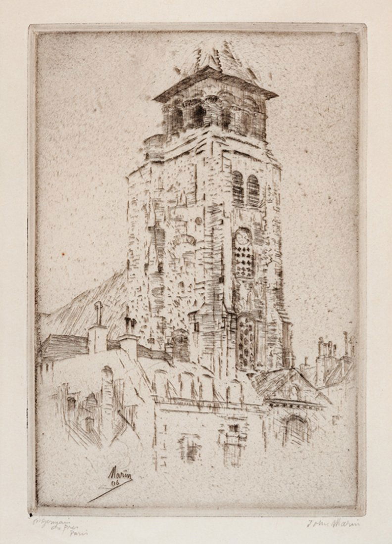 John Marin (American, 1870-1953): John Marin (American, 1870-1953), "St. Germain-des-Pres, Paris", 1906, etching on paper, pencil-signed and titled lower margin, signed and dated in plate lower left, 2 gallery labels en verso, 8 in. x