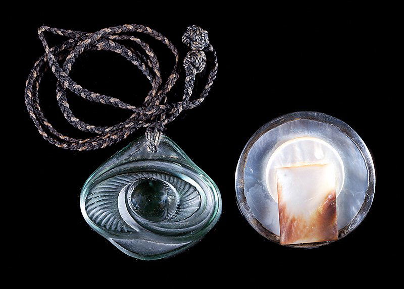 Lalique Molded Glass Pendant: Lalique Molded Glass Pendant, on silk cord, in original box; together with abalone shell and mother-of-pearl brooch