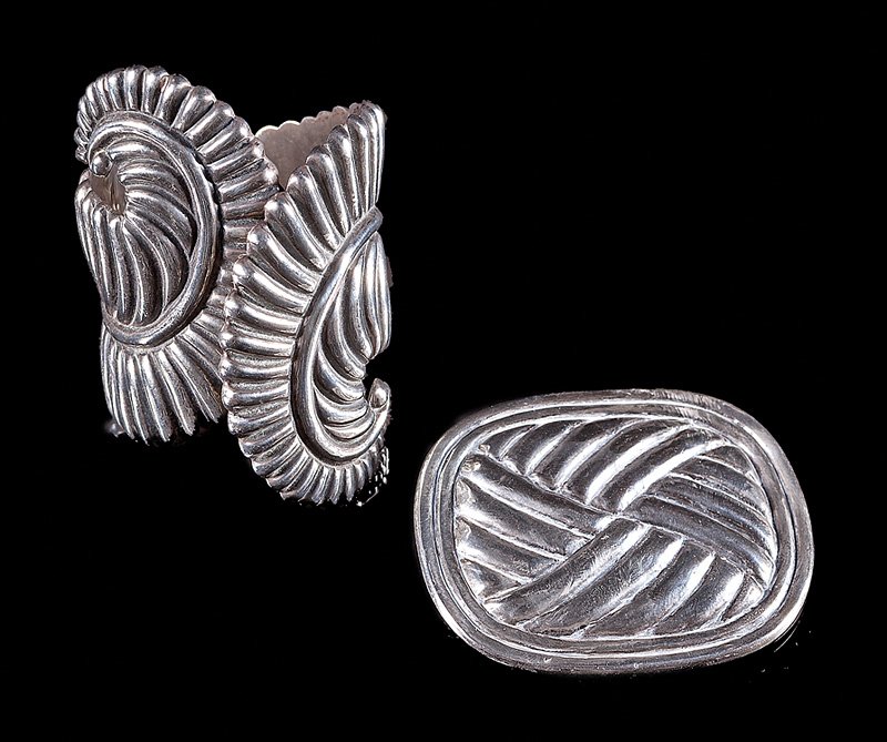 William Spratling (American/Taxco, 1900-1967): William Spratling (American/Taxco, 1900-1967), sterling silver "Petate" brooch, mark for 1931-1945, 2 1/2 in. x 3 in.; together with a Mexican sterling silver cuff bracelet, unattributed; combined wei