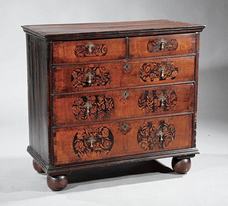 William and Mary Walnut and Marquetry Chest of Drawers: William and Mary Walnut and Marquetry Chest of Drawers, 18th c. and later, banded top, 2 over 3 drawers with floral reserves, molded base, ball feet, h. 36 1/2 in., w. 39 in., d. 20 1/4 in. Provenance