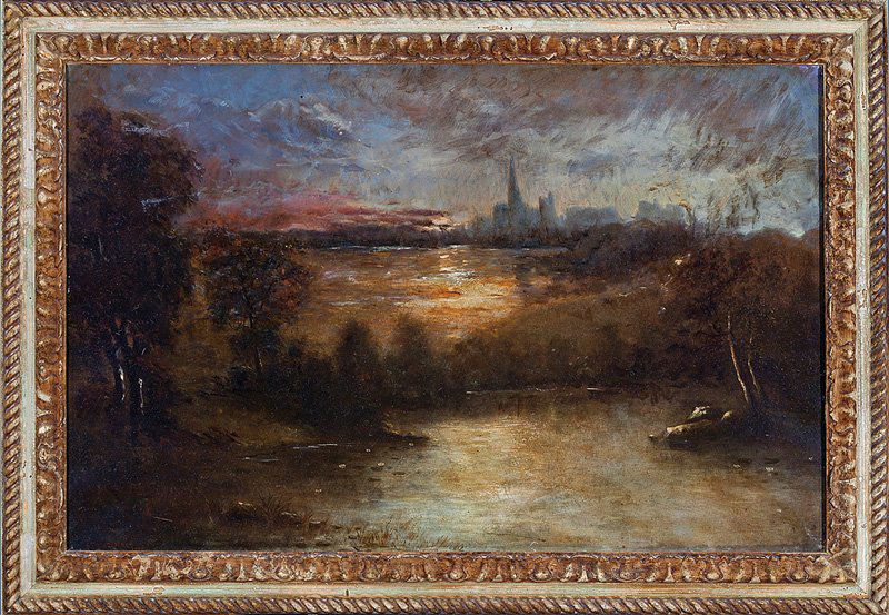 Attributed to John Marshall (British, 1840-1896): Attributed to John Marshall (British, 1840-1896), "City along a River at Sunset", 1891, oil on canvas, signed "J.V. Marshall" and dated lower left, 25 in. x 39 in., framed