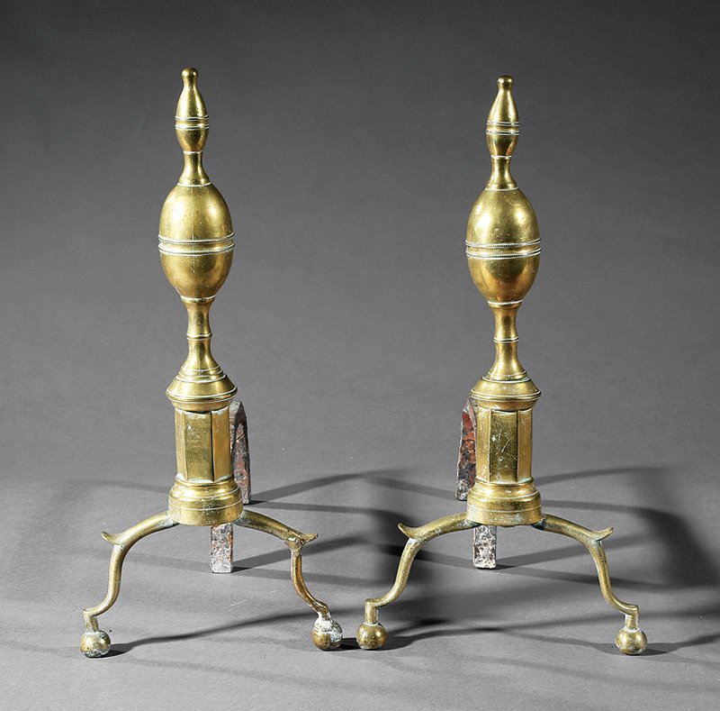 Group of American Federal Fireplace Accessories: Group of American Federal Fireplace Accessories, late 18th/early 19th c., incl. brass andirons with double lemon top standards, h. 18 in., w. 17 in., d. 8 in.; matching pair of tongs; and brass and wi