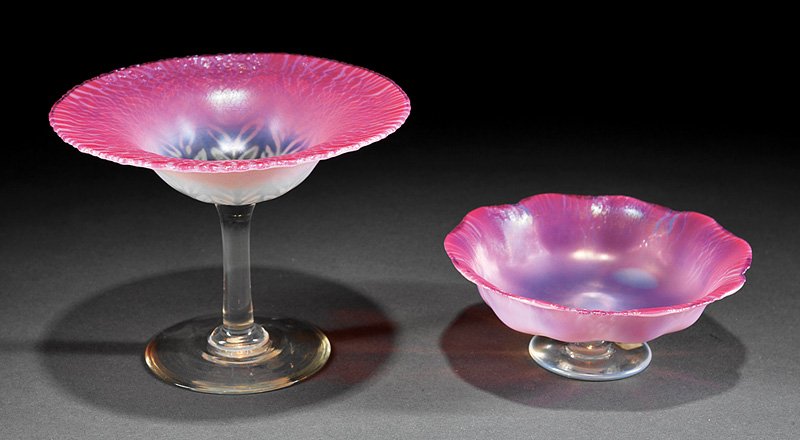 Tiffany Favrile Glass Compote and Candy Dish: Tiffany Favrile Pink Pastel Glass Compote and Candy Dish, each marked, h. 4 3/8 in. and 2 in. Provenance: New Orleans Estate Ill.: Steeg, Moise S. Tiffany Favrile Art Glass. Atglen: Schiffer, 1997, p.