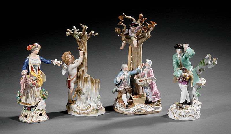 Four Meissen Porcelain Figural Groups: Four Meissen Porcelain Figural Groups, crossed swords marks, incl. couple picking apples, h. 10 3/8 in.; cherub climbing a tree, h. 9 1/4 in.; flower-laden beauty with dog, h. 7 3/4 in.; and bowing ga