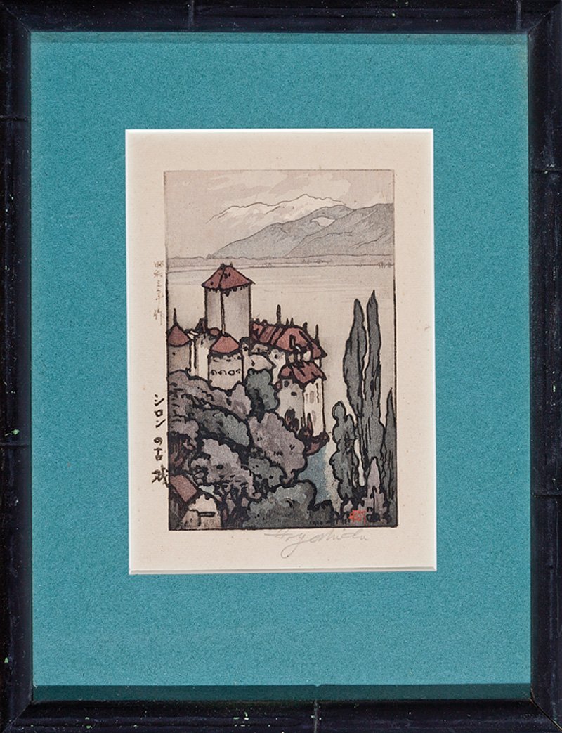 Hiroshi Yoshida (Japanese, 1876-1950): Hiroshi Yoshida (Japanese, 1876-1950), "Castle of Chillon" and "Isola Bela [sic]", 2 woodblock prints, each signed and sealed in plate, pencil signed lower margin, titled lower left, image 5 x 3 1/4 i