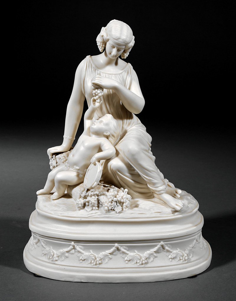 Parian Porcelain Figural Group: Parian Porcelain Figural Group of "Ino and the Infant Bacchus", mid-19th c., h. 12 in., l. 9 1/2 in. Provenance: The Service Collection, Estate of Grant A. Oakes, Warren, OH