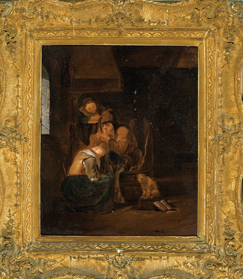 Dutch School, 18th/19th c: Dutch School, 18th/19th c., "Combing Hair", oil on wood panel, unsigned, imprint of seal in red wax en verso, 14 in. x 11 3/4 in., antique frame