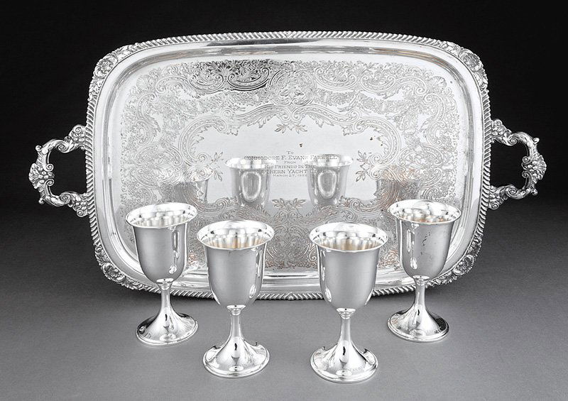 Group of Southern Yacht Club Memorabilia: Group of Southern Yacht Club Memorabilia, incl. 4 S. Kirk & Son sterling silver goblets, mid-20th c., pattern 72, each engraved "COMMODORE F. EVANS FARWELL", h. 6 5/8 in., wt. 20.20 troy ozs.; and a s