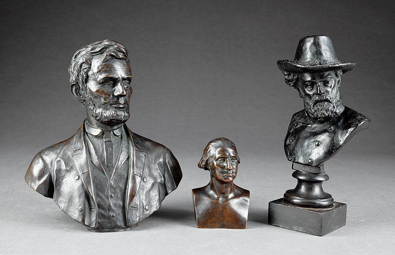 Three Bronze Busts of American Statesmen: Three Bronze Busts of American Statesmen, 19th/20th c., incl. Robert E. Lee, inscribed "Ezekiel" and "Roma", h. 8 1/4 in.; George Washington, inscribed "Reduction of Houdon's Bust...1899", h. 3 3/4 in