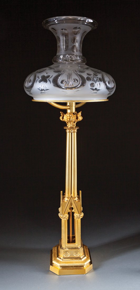 English Gothic Revival Gilt Bronze Sinumbra Lamp: English Gothic Revival Gilt Bronze Sinumbra Lamp, c. 1840, marked "Messenger & Sons/63 Hatton Garden London/& Birmingham/Manufactured for/Alfred Welles/Boston", cluster column standard with gothic arc