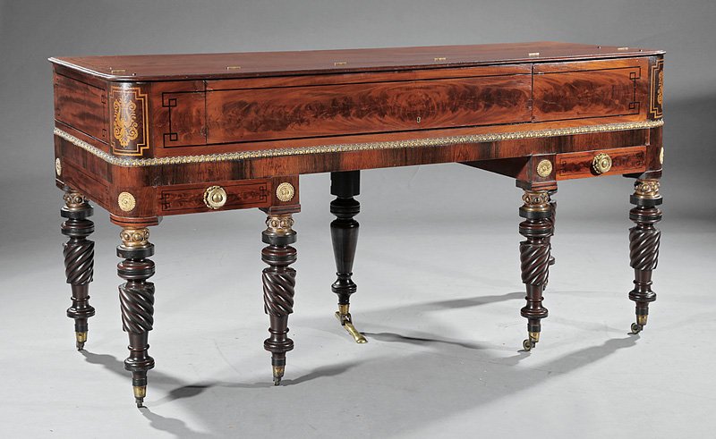 Piano Forte, early 19th c., Loud & Brothers: Fine American Classical Stenciled, Inlaid and Bronze-Mounted Mahogany and Rosewood Piano Forte, early 19th c., Loud & Brothers, Philadelphia, extensively decorated case with 2 small drawers, spiral tu