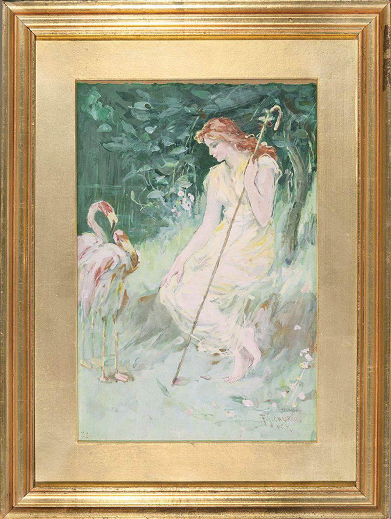 Frederick Stuart Church, N.A.(American, 1842-1924): Frederick Stuart Church, N.A.(American, 1842-1924), "A Summer Idyll (Nymph with Flamingos)", watercolor on board, signed and inscribed "Copyright, New York" lower right, exhibition label with title an