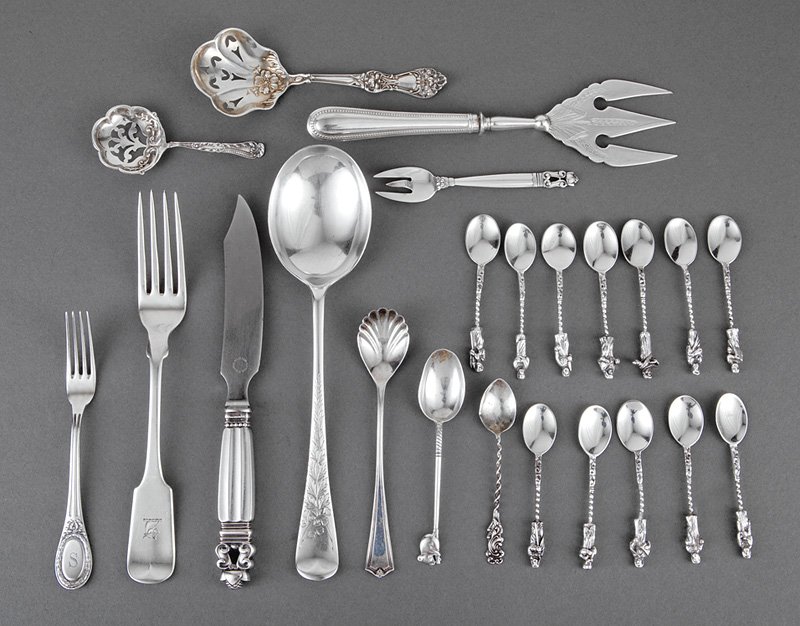 Group of Miscellaneous Sterling Silver Flatware: Group of Miscellaneous Sterling Silver Flatware incl. 2 English berry spoons and bread fork, Walker & Hall, Sheffield, 1903 and 1912; a Georg Jensen "Acorn" pattern cheese knife and small fork; 3 Tiff