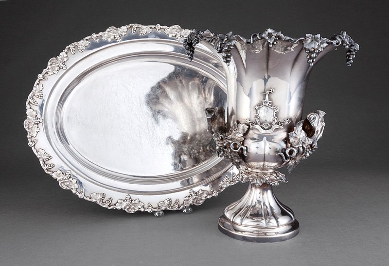 Ellis Barker Silverplate Vintage Motif Tray: Ellis Barker Silverplate Vintage Motif Tray, l. 19 1/2 in.; together with a silverplate vintage motif wine cooler, h. 13 5/8 in