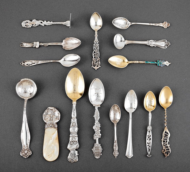 Group of American Sterling Silver Spoons: Group of American Sterling Silver Spoons, late 19th and early 20th c., various makers incl. Dominick & Haff 1893 World's Columbian Exposition Woman's Building with bust of Bertha Honore Palmer, Gorham