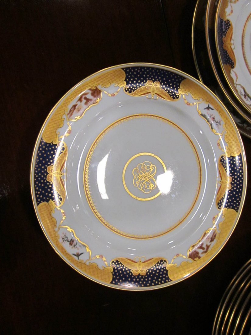 Mottahedeh "Golden Butterfly" Service: Extensive Mottahedeh Polychrome and Gilt Porcelain "Golden Butterfly" Service, 20th c., in the Chinese Export style, incl. 16 dinner plates, 16 luncheon plates, 13 soup plates, 13 coffee/tea cups, din