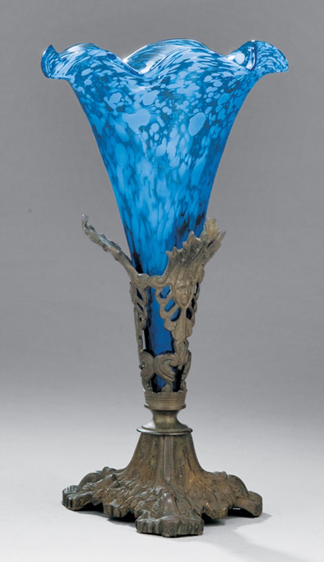 Victorian Glass Bouquet Holder: Victorian Patinated Bronze-Mounted Glass Bouquet Holder, mid-19th c., cobalt and white trumpet vase, mask and floral embellished holder, h. 10 in