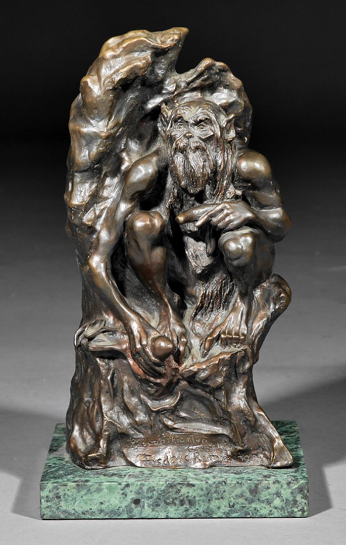 Patinated Bronze of "Paleolithic Man": Patinated Bronze of "Paleolithic Man", 20th c., after Frederic Sackrider Remington (American, 1861-1909), cast signature and copyright mark at edge of self base, square green marble base, h. 16 in