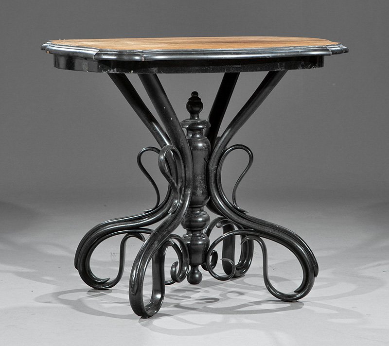 Austrian Occasional Table, Thonet or J. & J. Kohn: Austrian Ebonized Bentwood Occasional Table, late 19th c., Thonet or J. & J. Kohn, shaped top, narrow frieze, turned standard, S-scroll supports, h. 28 in., w. 32 1/2 in