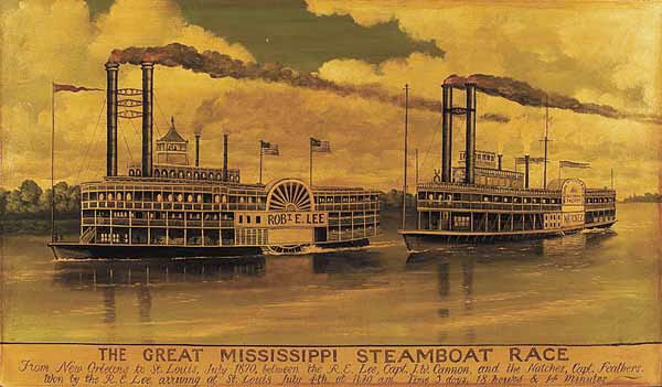 American School, 19th/20th c: American School, 19th/20th c ., "The Great Mississippi Steamboat Race: Between Robert E. Lee and Natchez, June 1870, based upon the Currier and Ives Lithograph", oil on canvas affixed to wood, unsigne
