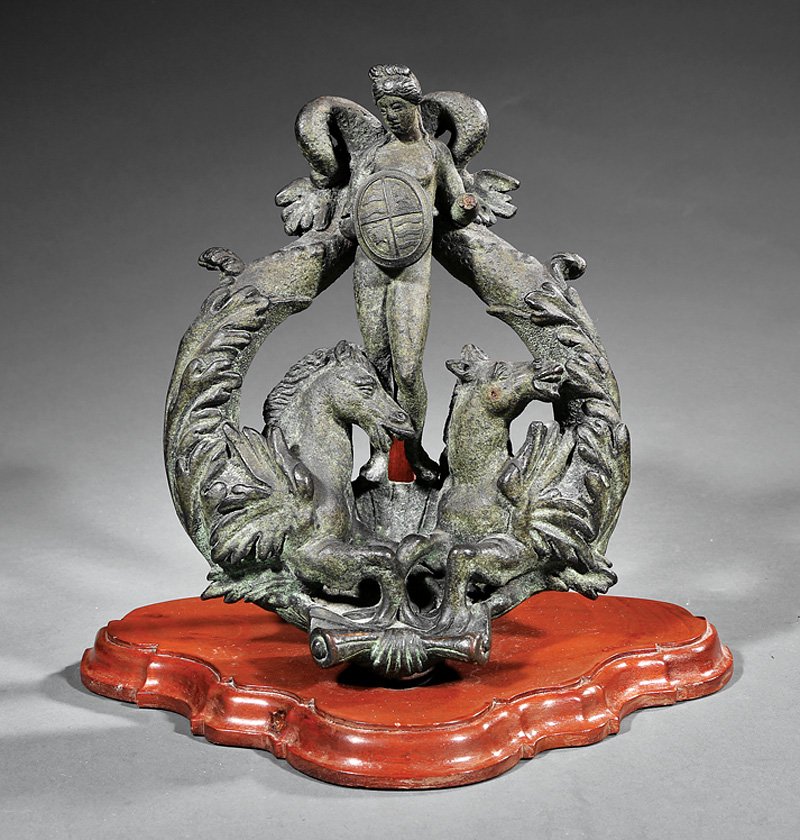 Renaissance-Style Bronze Door Knocker: Antique Renaissance-Style Bronze Door Knocker, with symbolic figure of Venice in chariot drawn by hippocampi, presented on custom wood stand, h. 11 in
