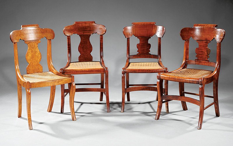 Four American Classical Tiger Maple Side Chairs: Four American Classical Tiger Maple Side Chairs, 19th c., shaped crest, vasiform splat, caned seat, sabre legs, stretchers, h. 33 in., w. 17 3/4 in., d. 15 7/8 in. Provenance: Christie's East, NY, Oct