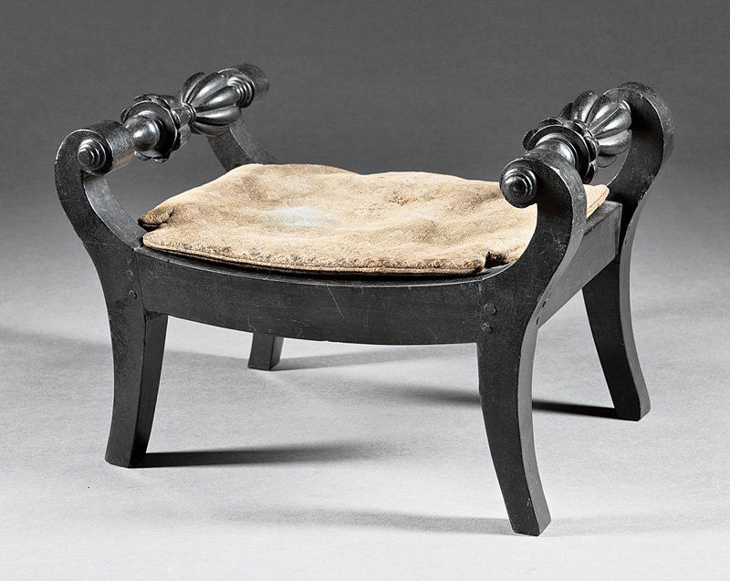 Pair of Anglo-Colonial Raj Ebony Petite Stools: Fine Pair of Anglo-Colonial Raj Ebony Petite Stools of Regency Inspiration, c. 1840, carved and turned ends, saber legs, period upholstery, h. 11 in., w. 15 1/2 in., d. 11 in