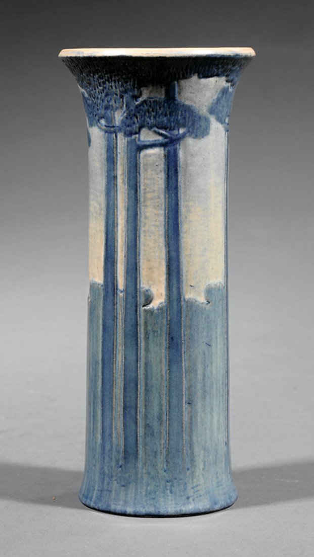 Newcomb College Art Pottery Vase: Newcomb College Art Pottery Vase, 1911, decorated by Mazie Teresa Ryan with relief-carved Tall Pine design, matte glaze with blue and green underglaze, base marked with Newcomb cipher, decorator's mar