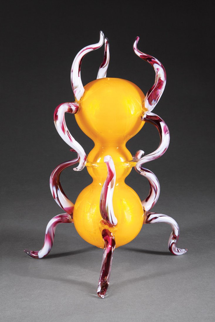 Dale Chihuly (American, b. 1941): Dale Chihuly (American, b. 1941), "Yellow Two-Tiered Piccolo Venetian," 1996, signed and dated, blown glass, h. 13 1/2 in., dia. 10 in., Note: one restored leg
