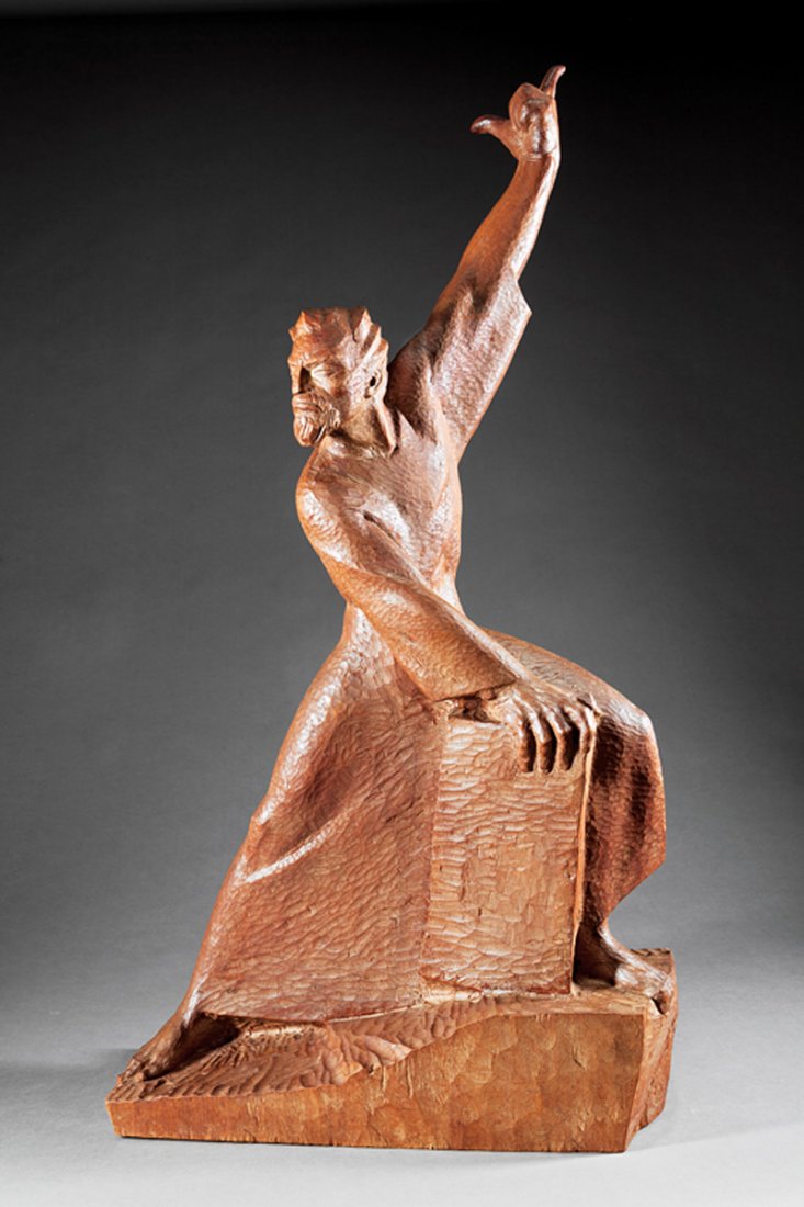 Enrique Alferez (American/New Orleans, 1901-1995): Enrique Alferez (American/New Orleans, 1901-1995), "Moses", 1962, carved wood, signed and dated on reverse of base, h. 45 1/2 in., w. 24 in., d. 9 3/4 in. Provenance: Gift of the artist to his friend,
